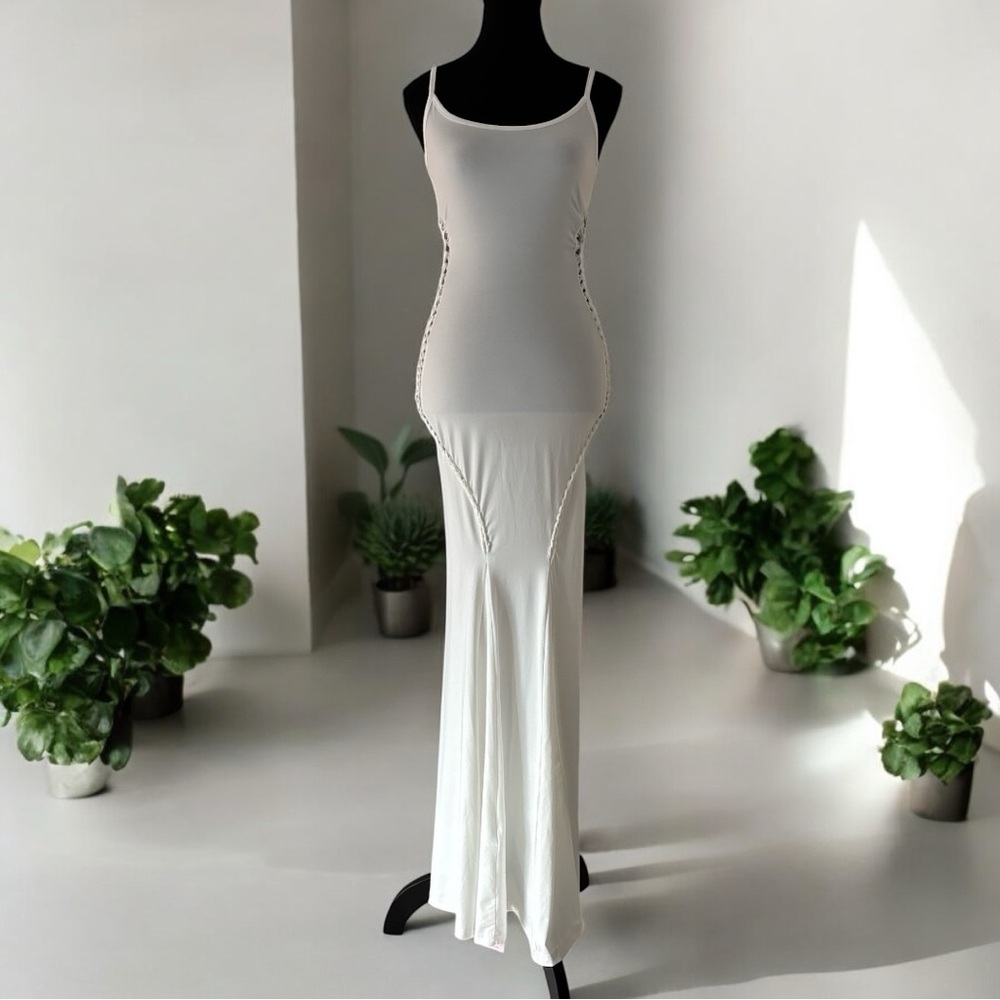 Micas Off-White Pleated Maxi Dress NWT | Hollow Out Slip Style Size S - Picture 2 of 9